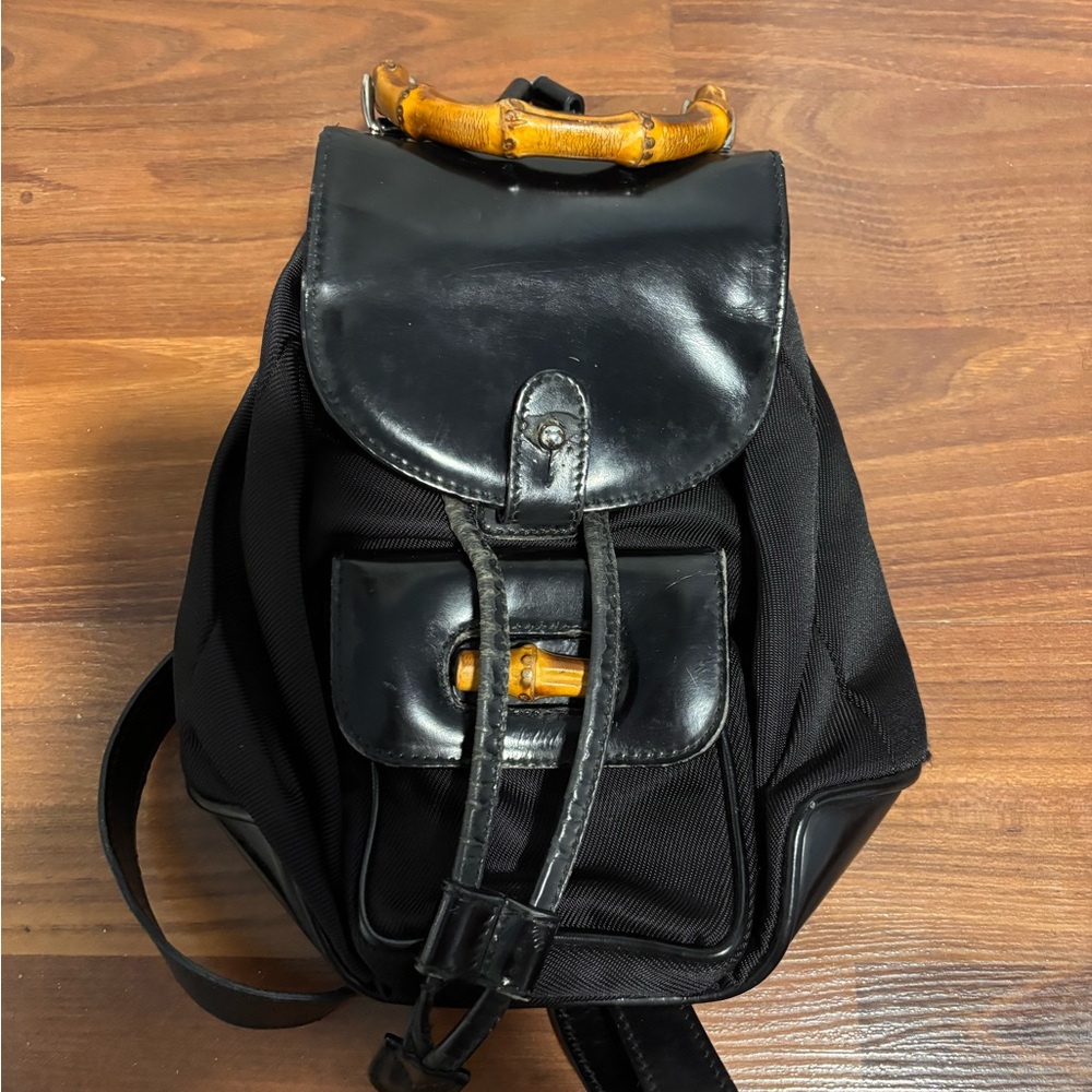Gucci Black Leather and Canvas Backpack